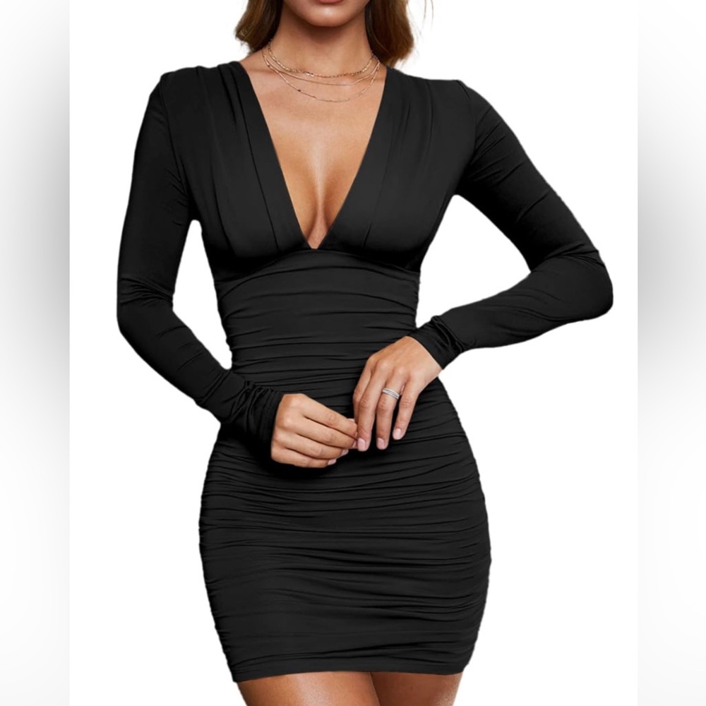 Zara Black Ruched Long Sleeve Bodycon Dress